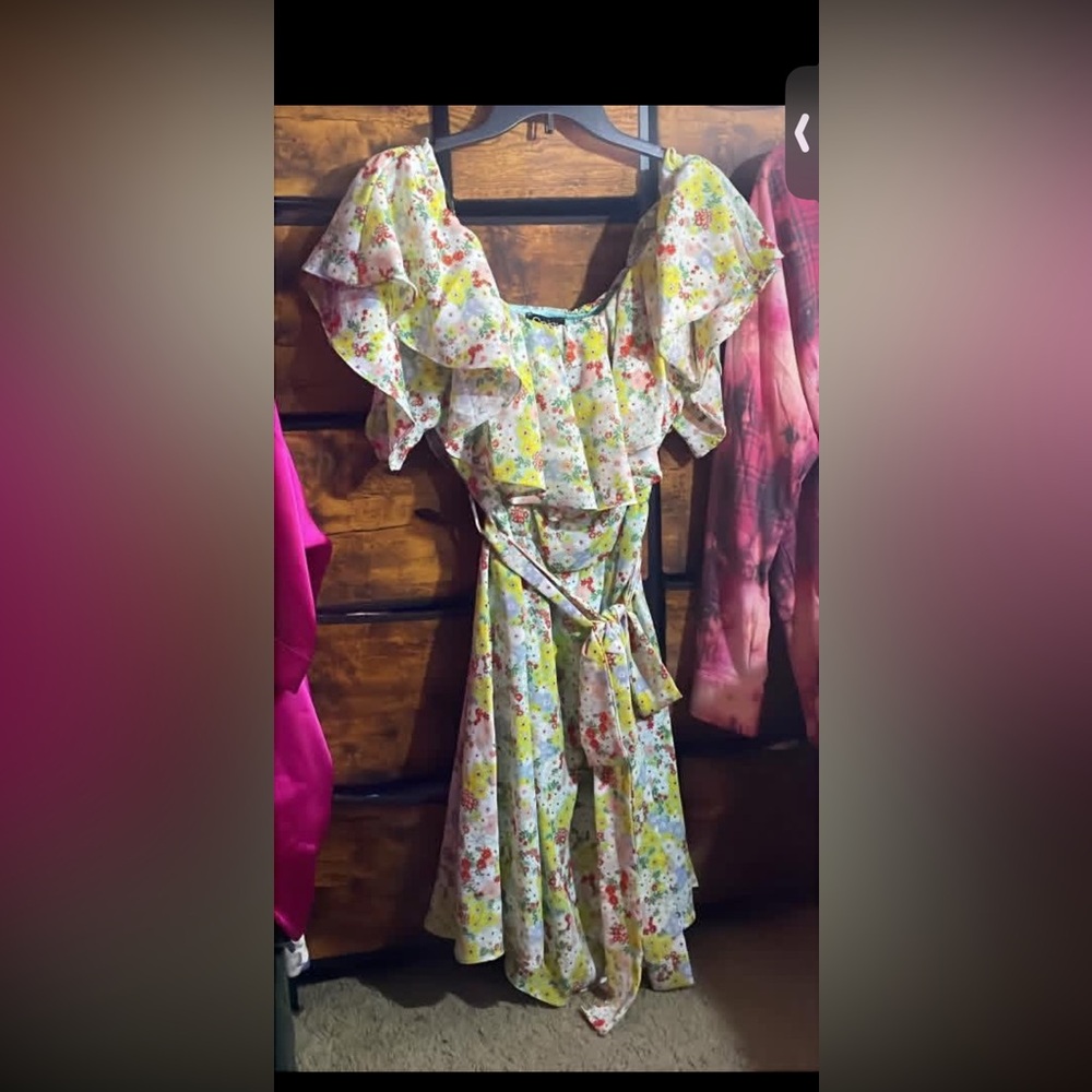 Floral Ruffle Wrap Dress in Yellow and Cream